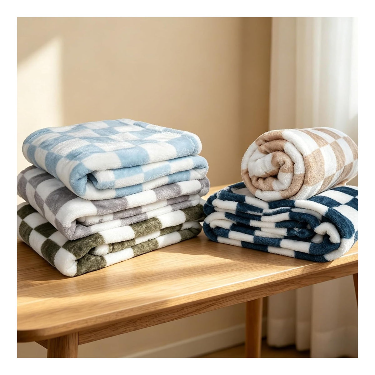 Blanket 5 Pcs Checkerboard Grid Ultra Soft Gift-Ready Plush for Newborns, Nursery & Stroller 30"x40" Green Blue Light Gray Dark Blue Camel