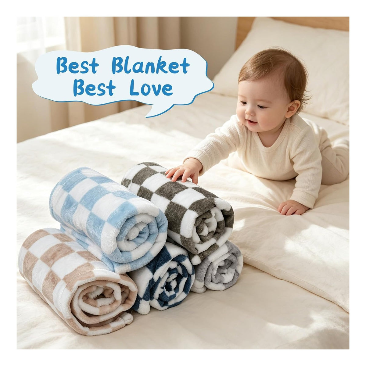 Blanket 5 Pcs Checkerboard Grid Ultra Soft Gift-Ready Plush for Newborns, Nursery & Stroller 30"x40" Green Blue Light Gray Dark Blue Camel