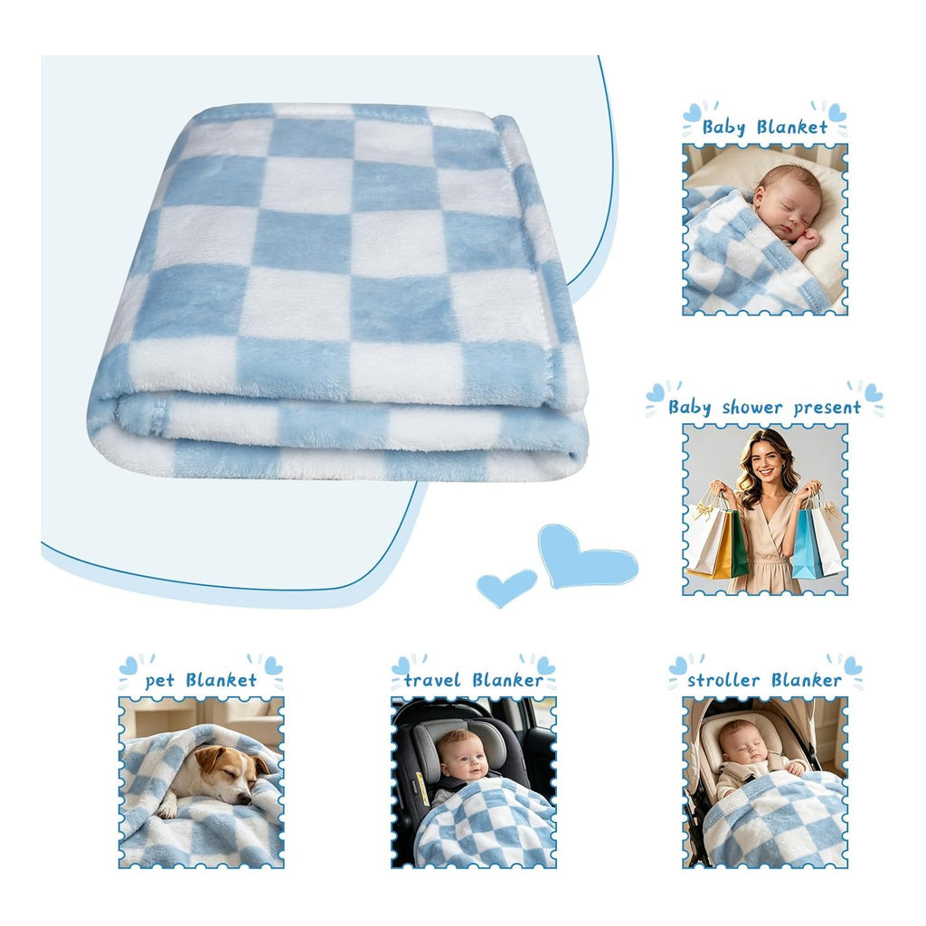 Blanket 5 Pcs Checkerboard Grid Ultra Soft Gift-Ready Plush for Newborns, Nursery & Stroller 30"x40" Green Blue Light Gray Dark Blue Camel