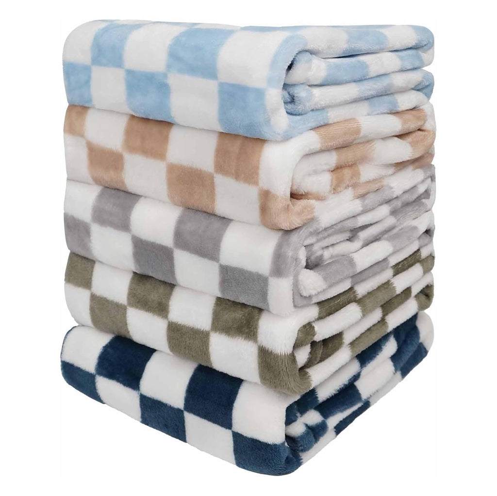Blanket 5 Pcs Checkerboard Grid Ultra Soft Gift-Ready Plush for Newborns, Nursery & Stroller 30"x40" Green Blue Light Gray Dark Blue Camel