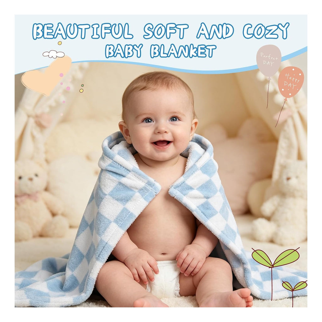 Blanket 5 Pcs Checkerboard Grid Ultra Soft Gift-Ready Plush for Newborns, Nursery & Stroller 30"x40" Green Blue Light Gray Dark Blue Camel
