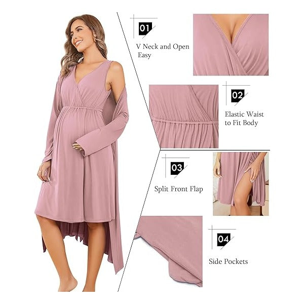 Maternity Nursing Gown and Robe Set Labor Delivery Nursing Nightgowns for Breastfeeding Pregnancy Clothes