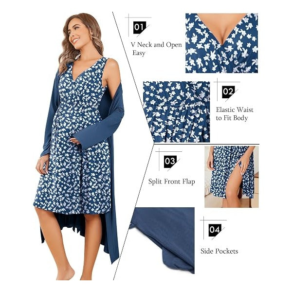 Maternity Nursing Gown and Robe Set Labor Delivery Nursing Nightgowns for Breastfeeding Pregnancy Clothes