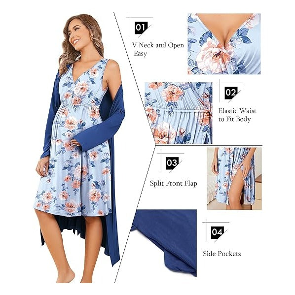 Maternity Nursing Gown and Robe Set Labor Delivery Nursing Nightgowns for Breastfeeding Pregnancy Clothes
