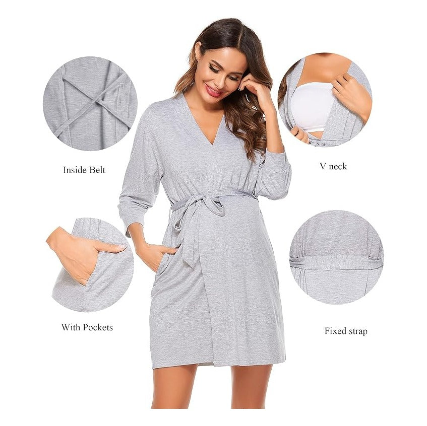 Women's Maternity Nursing Robe Pregnancy Breastfeeding Bathrobes 3 in 1 Labor Delivery Nightgowns