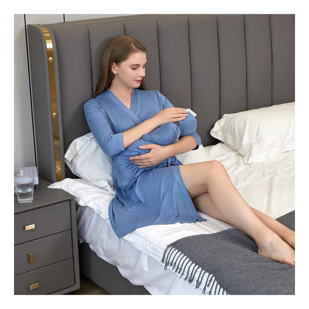 Maternity Robe and Receiving Blanket, Matching Mommy Labor Delivery Robe and Swaddle Set Denim blue