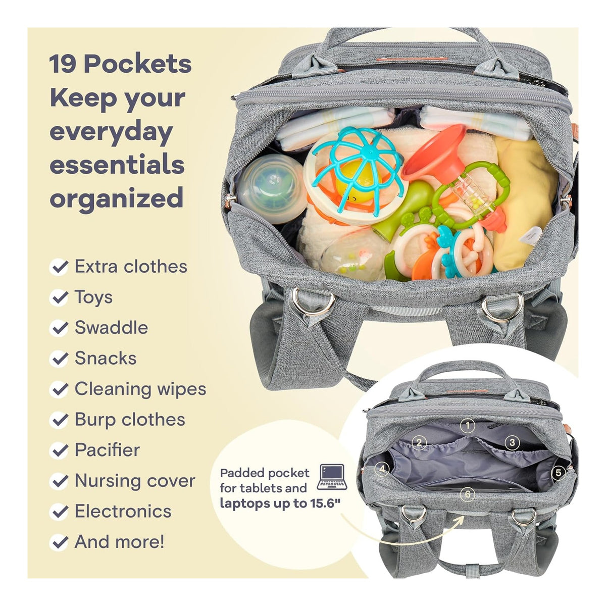 Diaper Bag Backpack-Multifunction Travel Baby Diaper Bag with Changing Pad, Insulated Bottle Holders & Pacifier Case, Large Capacity, Waterproof, Gray