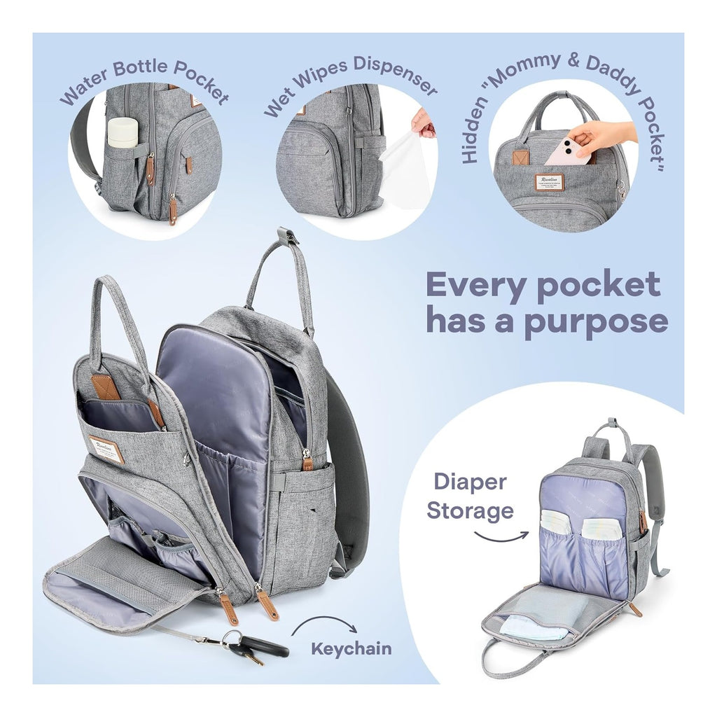 Diaper Bag Backpack-Multifunction Travel Baby Diaper Bag with Changing Pad, Insulated Bottle Holders & Pacifier Case, Large Capacity, Waterproof, Gray