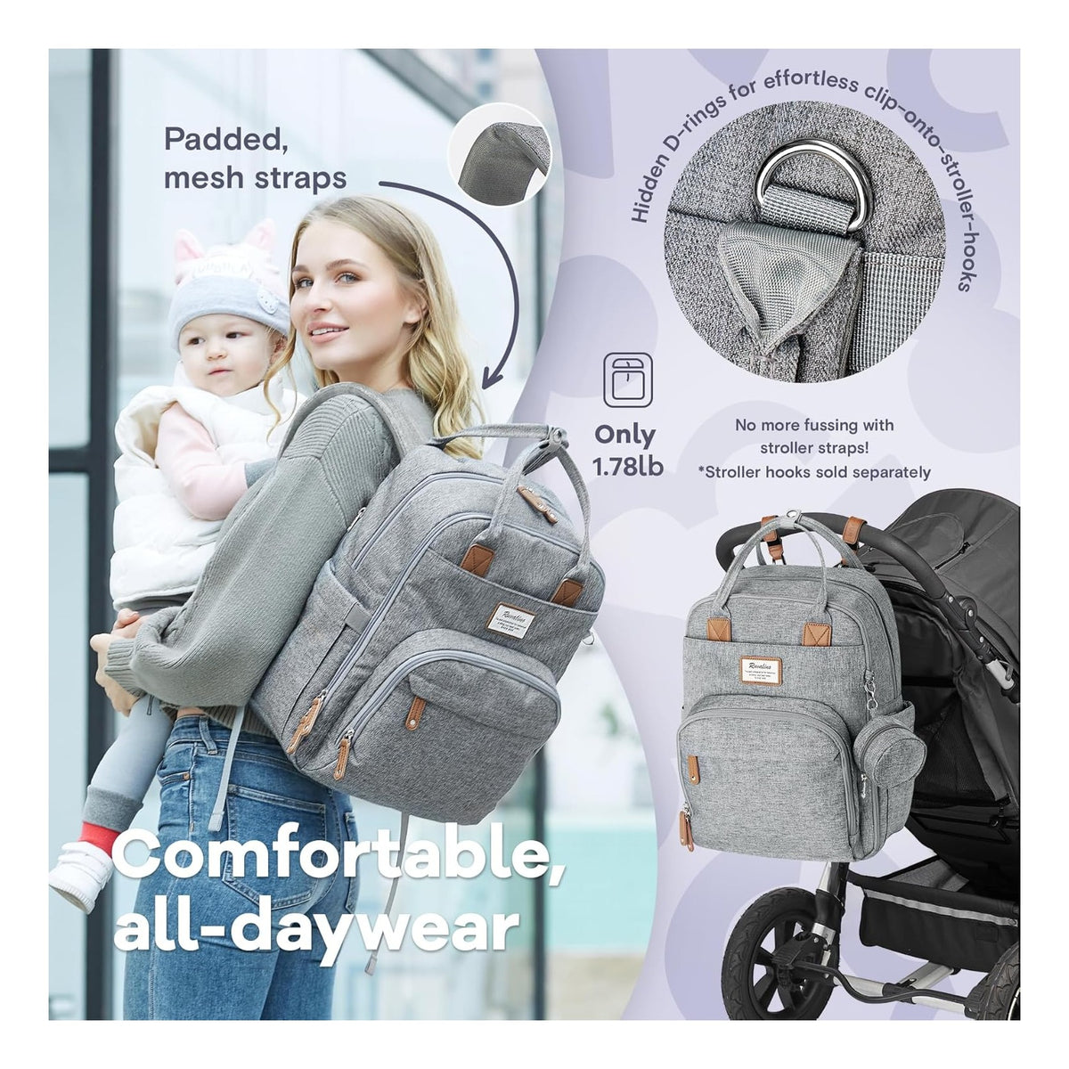 Diaper Bag Backpack-Multifunction Travel Baby Diaper Bag with Changing Pad, Insulated Bottle Holders & Pacifier Case, Large Capacity, Waterproof, Gray