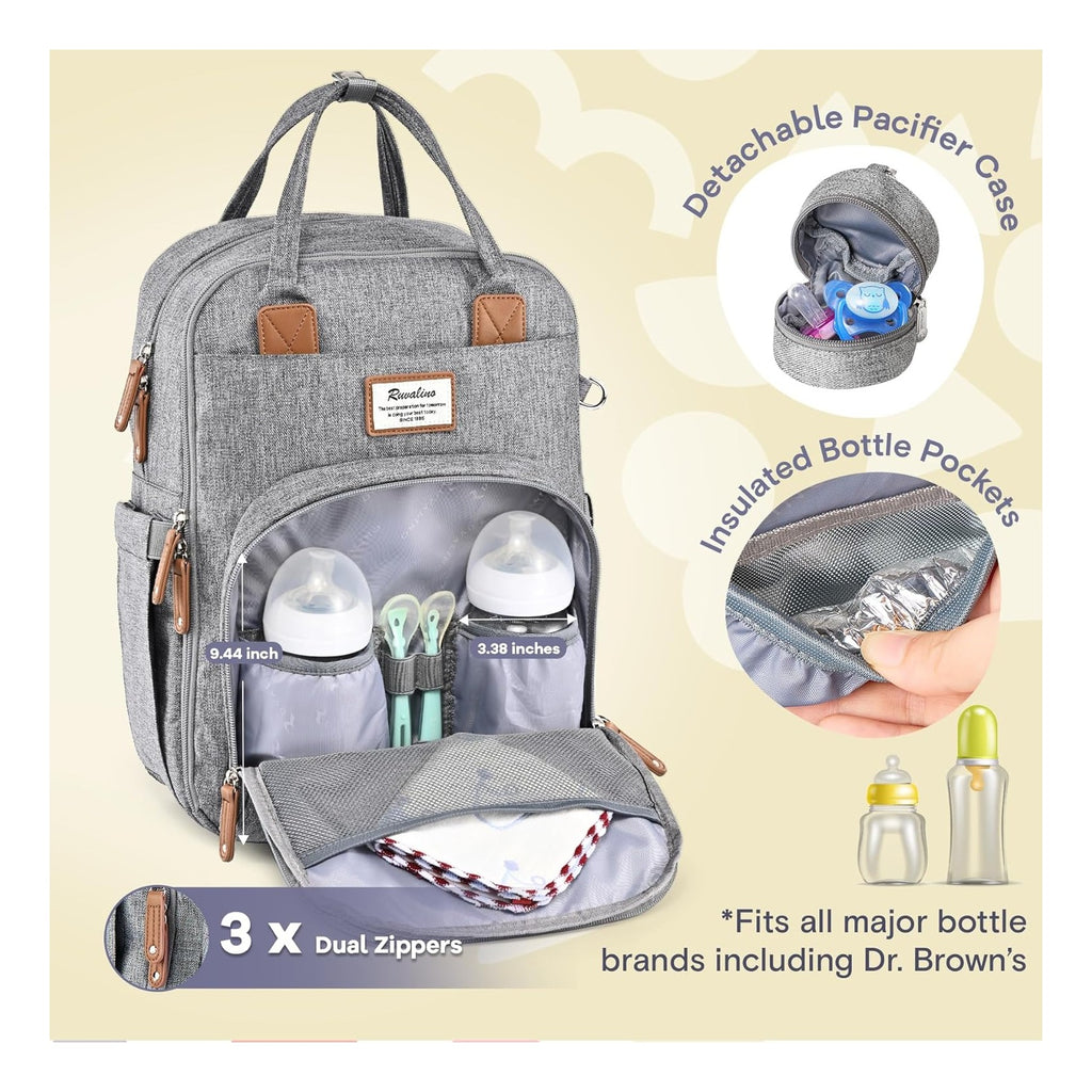 Diaper Bag Backpack-Multifunction Travel Baby Diaper Bag with Changing Pad, Insulated Bottle Holders & Pacifier Case, Large Capacity, Waterproof, Gray