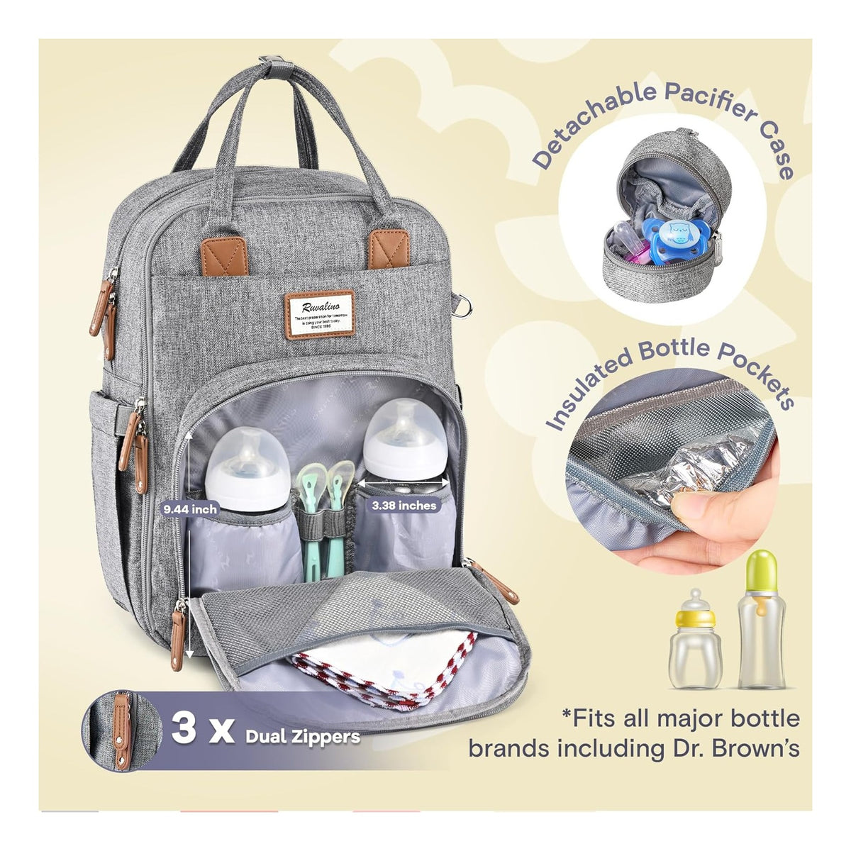 Diaper Bag Backpack-Multifunction Travel Baby Diaper Bag with Changing Pad, Insulated Bottle Holders & Pacifier Case, Large Capacity, Waterproof, Gray