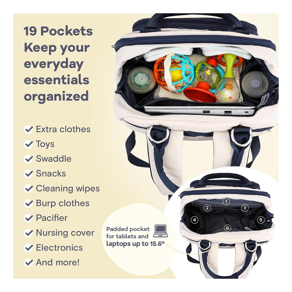 Diaper Bag Backpack-Multifunction Baby Travel Bag with Changing pad, Insulated Bottle Holders & Pacifier Case, Large Capacity, Waterproof, Cream & Blue