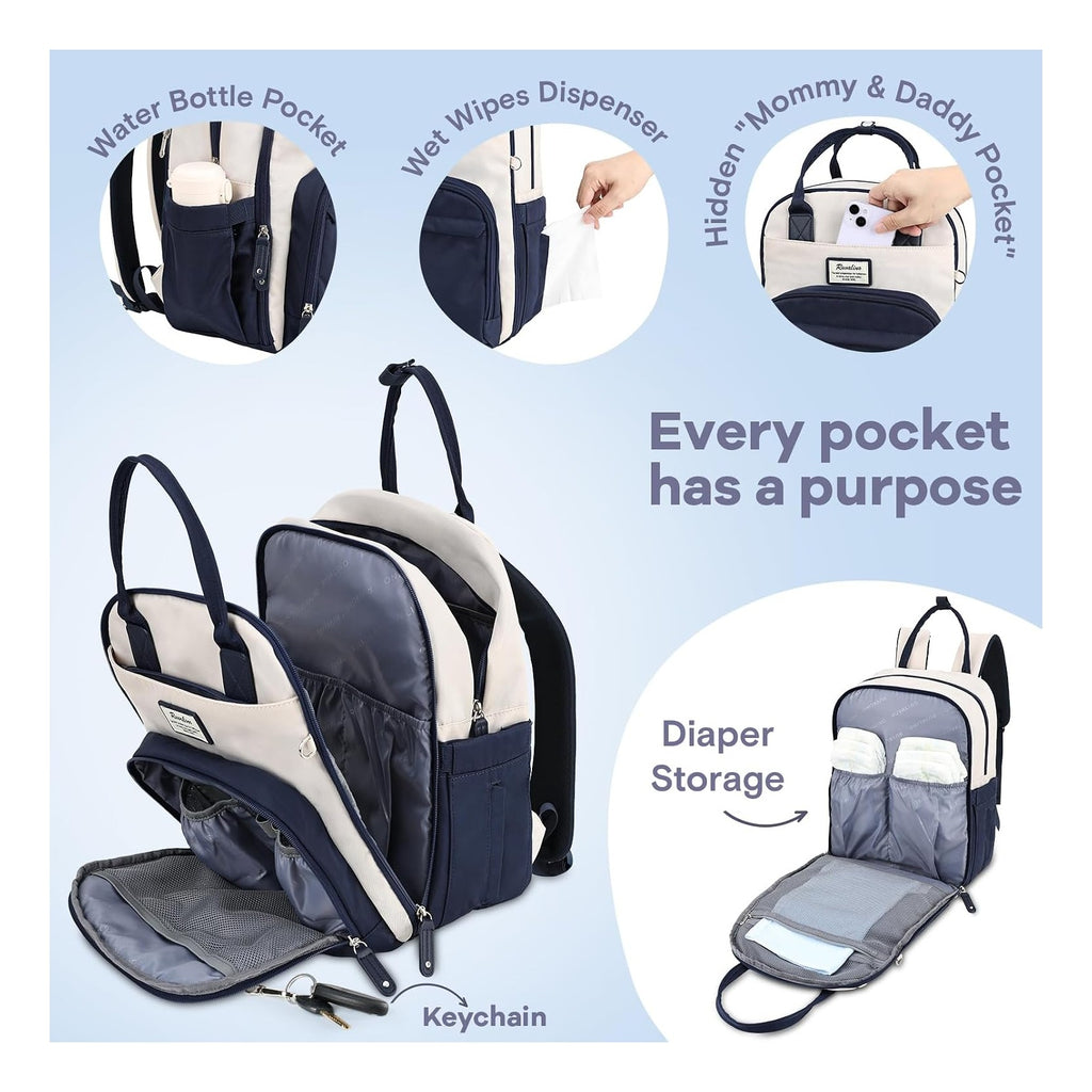 Diaper Bag Backpack-Multifunction Baby Travel Bag with Changing pad, Insulated Bottle Holders & Pacifier Case, Large Capacity, Waterproof, Cream & Blue