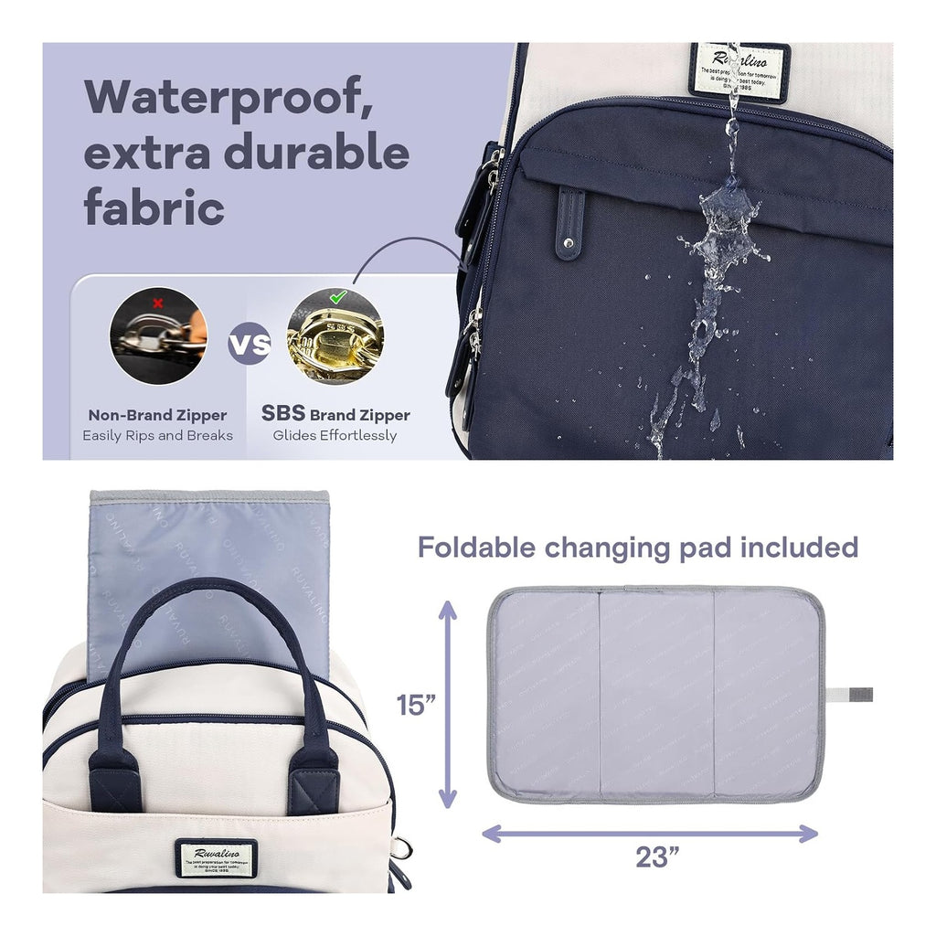 Diaper Bag Backpack-Multifunction Baby Travel Bag with Changing pad, Insulated Bottle Holders & Pacifier Case, Large Capacity, Waterproof, Cream & Blue