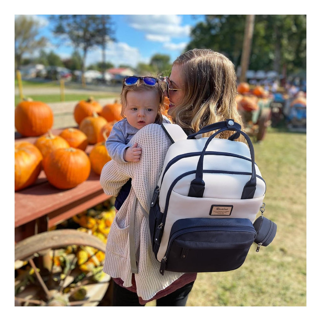 Diaper Bag Backpack-Multifunction Baby Travel Bag with Changing pad, Insulated Bottle Holders & Pacifier Case, Large Capacity, Waterproof, Cream & Blue