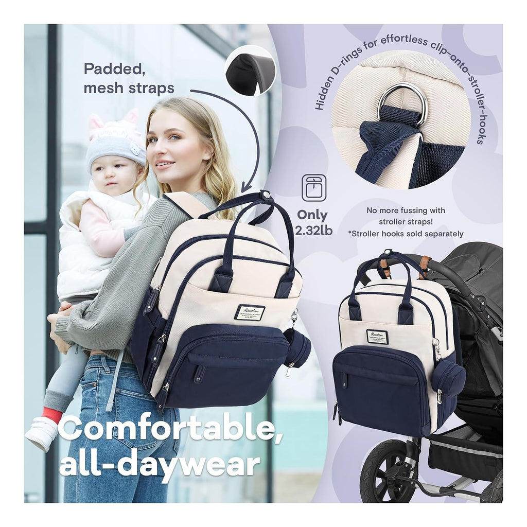Diaper Bag Backpack-Multifunction Baby Travel Bag with Changing pad, Insulated Bottle Holders & Pacifier Case, Large Capacity, Waterproof, Cream & Blue
