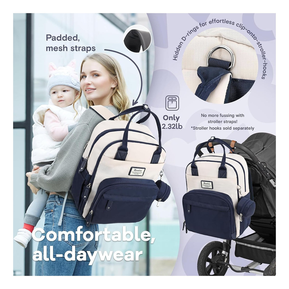 Diaper Bag Backpack-Multifunction Baby Travel Bag with Changing pad, Insulated Bottle Holders & Pacifier Case, Large Capacity, Waterproof, Cream & Blue