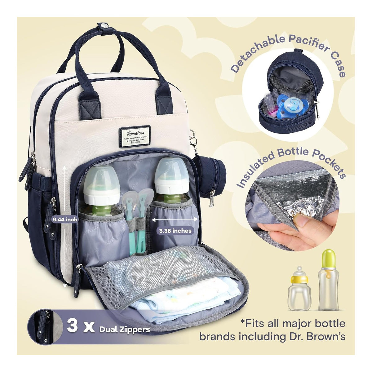 Diaper Bag Backpack-Multifunction Baby Travel Bag with Changing pad, Insulated Bottle Holders & Pacifier Case, Large Capacity, Waterproof, Cream & Blue