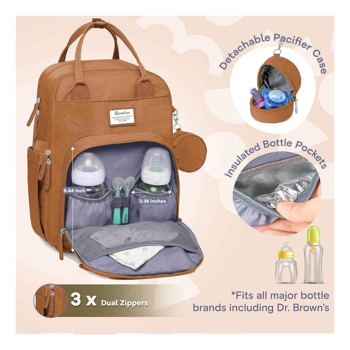 Diaper Bag Backpack-Multifunction Baby Travel Bag with Changing pad, Insulated Bottle Holders & Pacifier Case, Large Capacity, Waterproof, Dark Brown