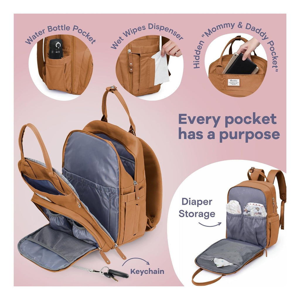 Diaper Bag Backpack-Multifunction Baby Travel Bag with Changing pad, Insulated Bottle Holders & Pacifier Case, Large Capacity, Waterproof, Dark Brown