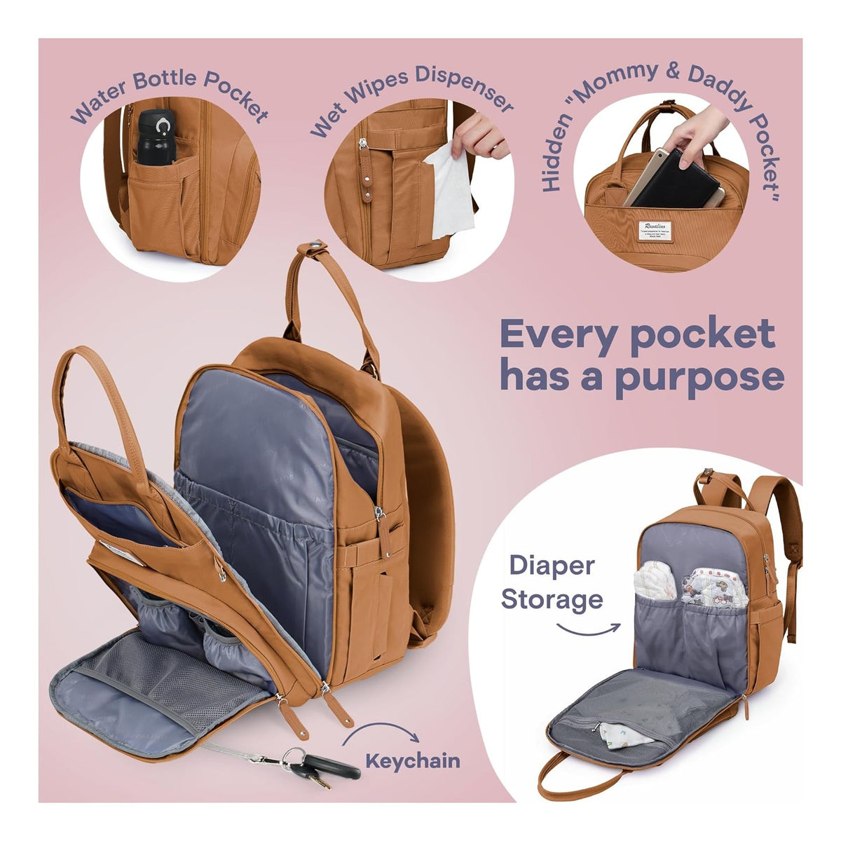 Diaper Bag Backpack-Multifunction Baby Travel Bag with Changing pad, Insulated Bottle Holders & Pacifier Case, Large Capacity, Waterproof, Dark Brown