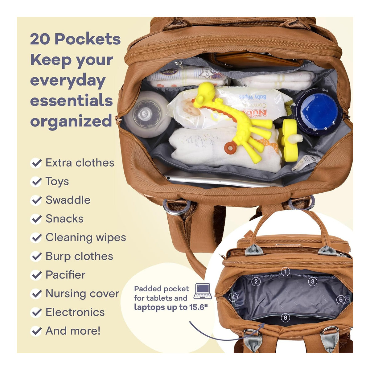 Diaper Bag Backpack-Multifunction Baby Travel Bag with Changing pad, Insulated Bottle Holders & Pacifier Case, Large Capacity, Waterproof, Dark Brown