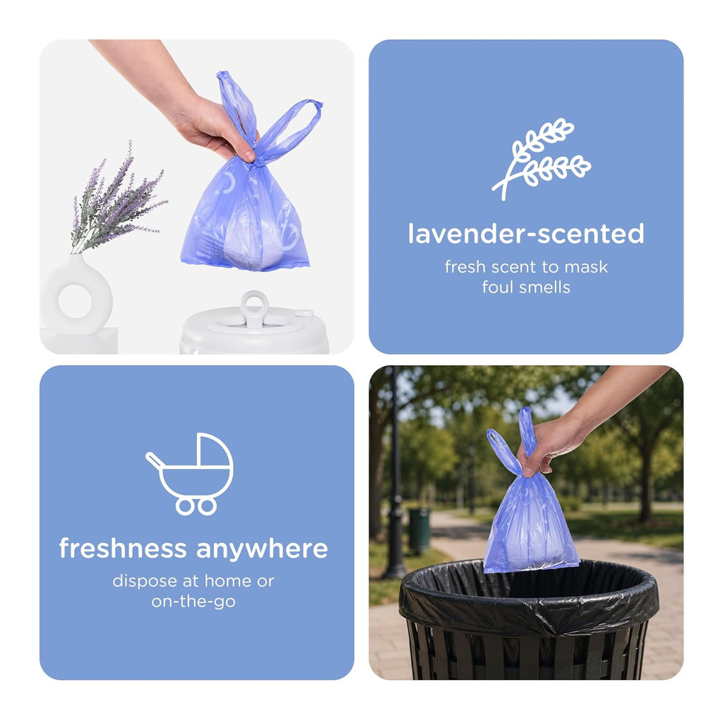 Disposable Diaper Sacks, Lavender Scented, Easy-To-Tie Tabs, Diaper Disposal or Pet Waste Bags, 200 Count | Easy-To-Tie Tabs, Made from 50% Recycled Material, Disposable On-The-Go Bags, Diaper Bag and Travel Essential