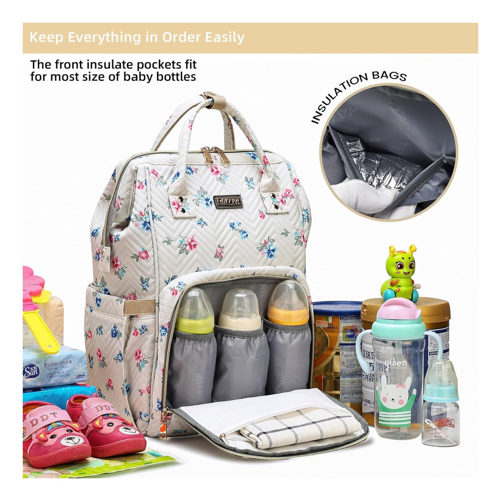 Diaper Bag Backpack, Diaper Bags for Baby Girls Boys, Baby Bags for Moms Dads, Nappy Changing Bag with Insulated Pockets,Multi-functional Waterproof Backpack with Stroller straps-Beige Flowers