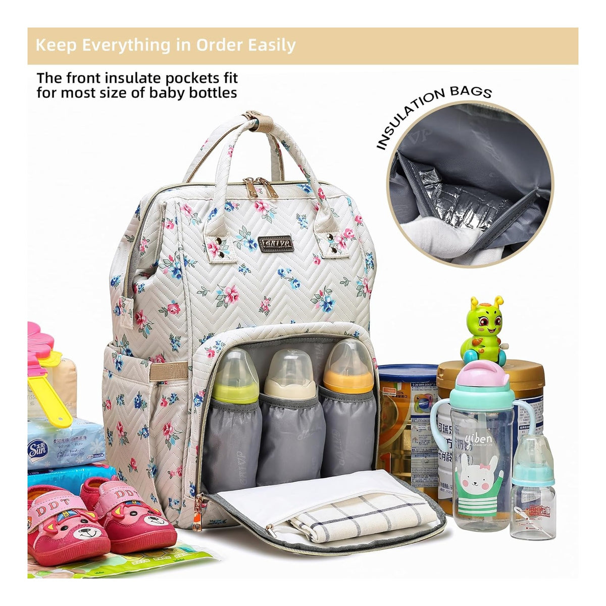 Diaper Bag Backpack, Diaper Bags for Baby Girls Boys, Baby Bags for Moms Dads, Nappy Changing Bag with Insulated Pockets,Multi-functional Waterproof Backpack with Stroller straps-Beige Flowers