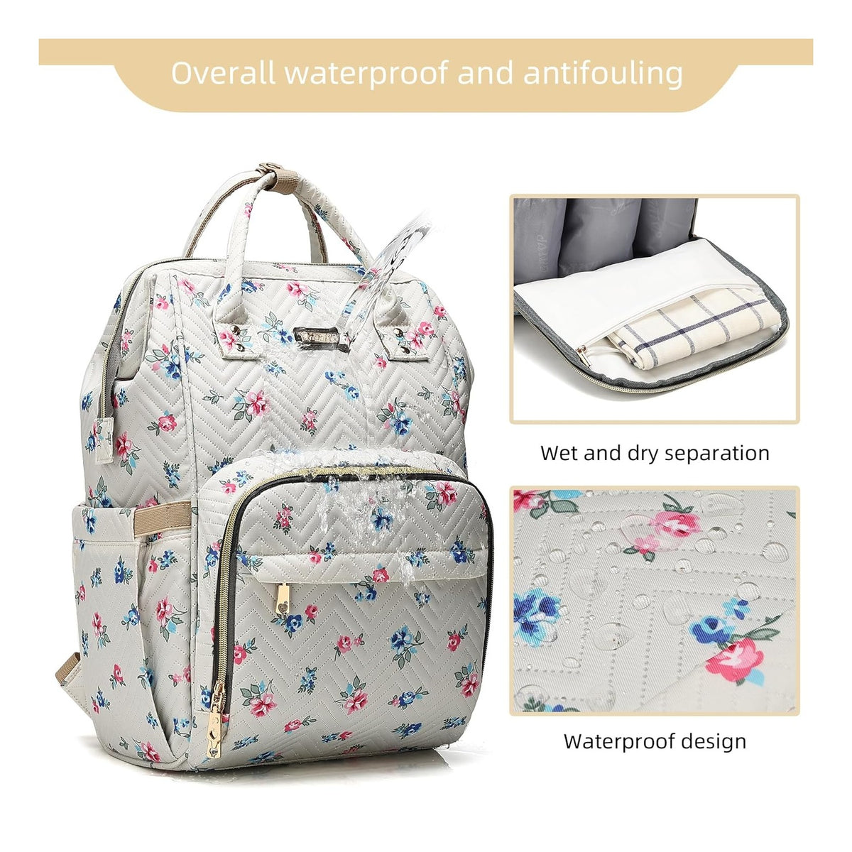 Diaper Bag Backpack, Diaper Bags for Baby Girls Boys, Baby Bags for Moms Dads, Nappy Changing Bag with Insulated Pockets,Multi-functional Waterproof Backpack with Stroller straps-Beige Flowers