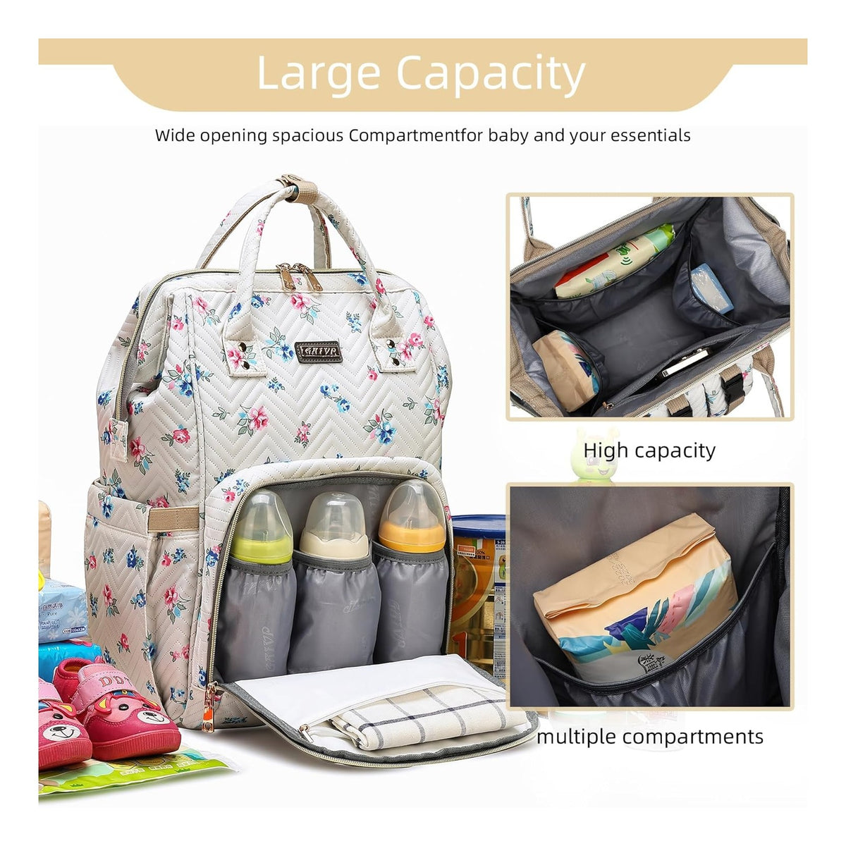 Diaper Bag Backpack, Diaper Bags for Baby Girls Boys, Baby Bags for Moms Dads, Nappy Changing Bag with Insulated Pockets,Multi-functional Waterproof Backpack with Stroller straps-Beige Flowers