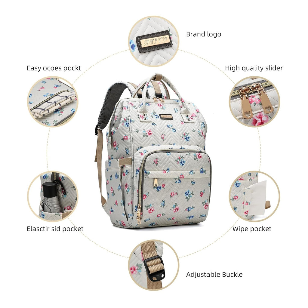 Diaper Bag Backpack, Diaper Bags for Baby Girls Boys, Baby Bags for Moms Dads, Nappy Changing Bag with Insulated Pockets,Multi-functional Waterproof Backpack with Stroller straps-Beige Flowers