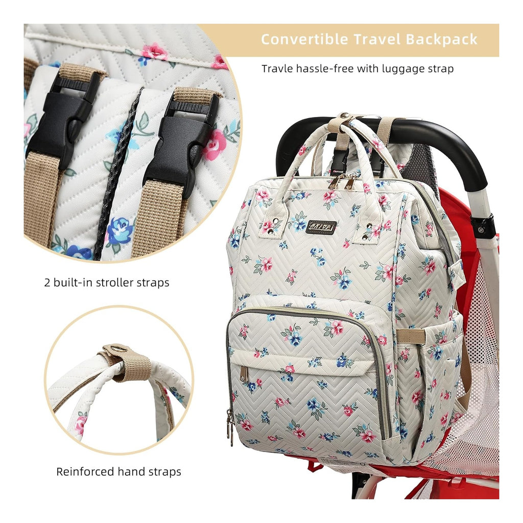 Diaper Bag Backpack, Diaper Bags for Baby Girls Boys, Baby Bags for Moms Dads, Nappy Changing Bag with Insulated Pockets,Multi-functional Waterproof Backpack with Stroller straps-Beige Flowers