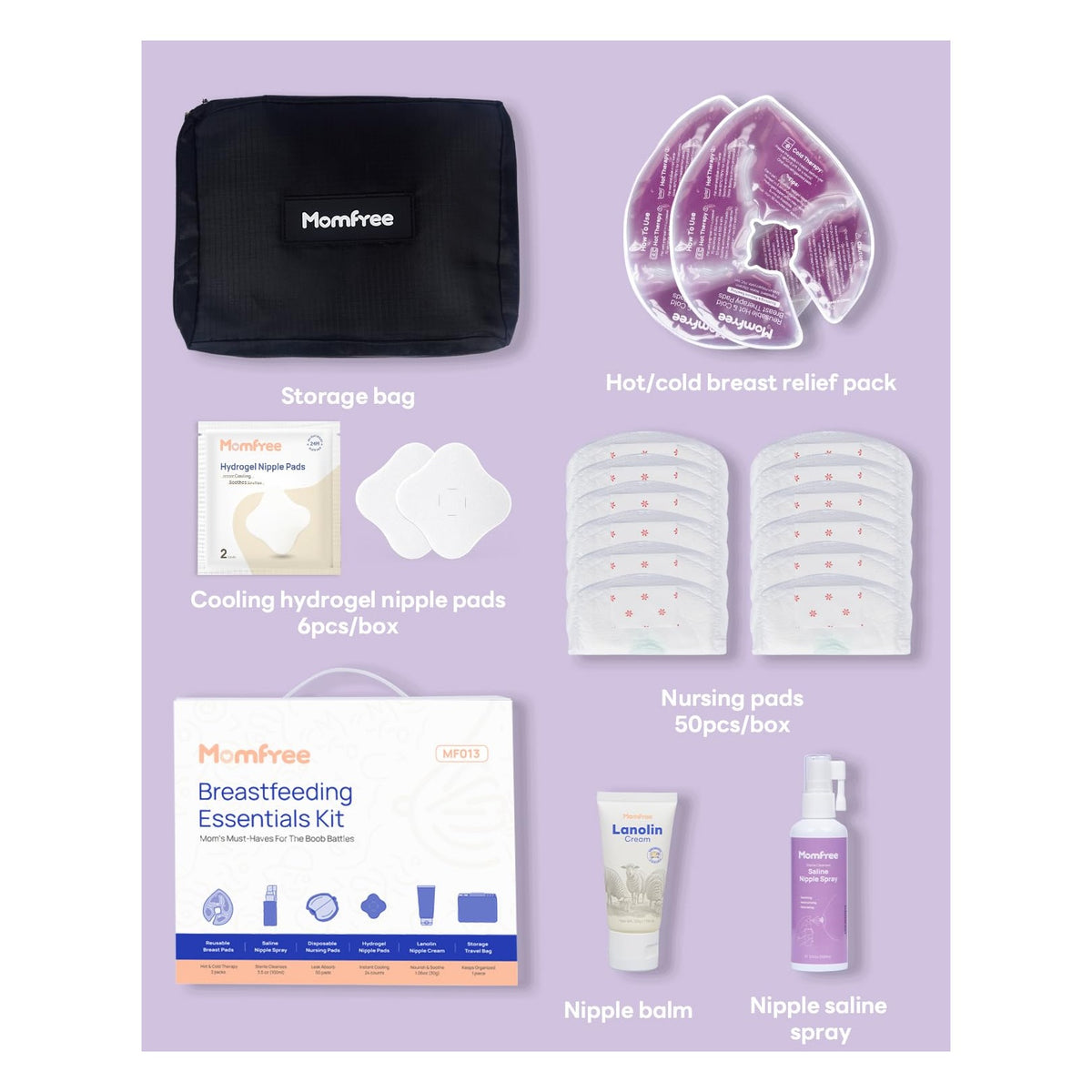 Breastfeeding Essentials Kit for Nursing Moms Nipple Relief, 60 Piece Gift Set with Reusable Hot and Cold Breast Therapy Packs/Hydrogel Nipple Pads/Lanolin cream/Disposable Nursing Pads/Saline Spray