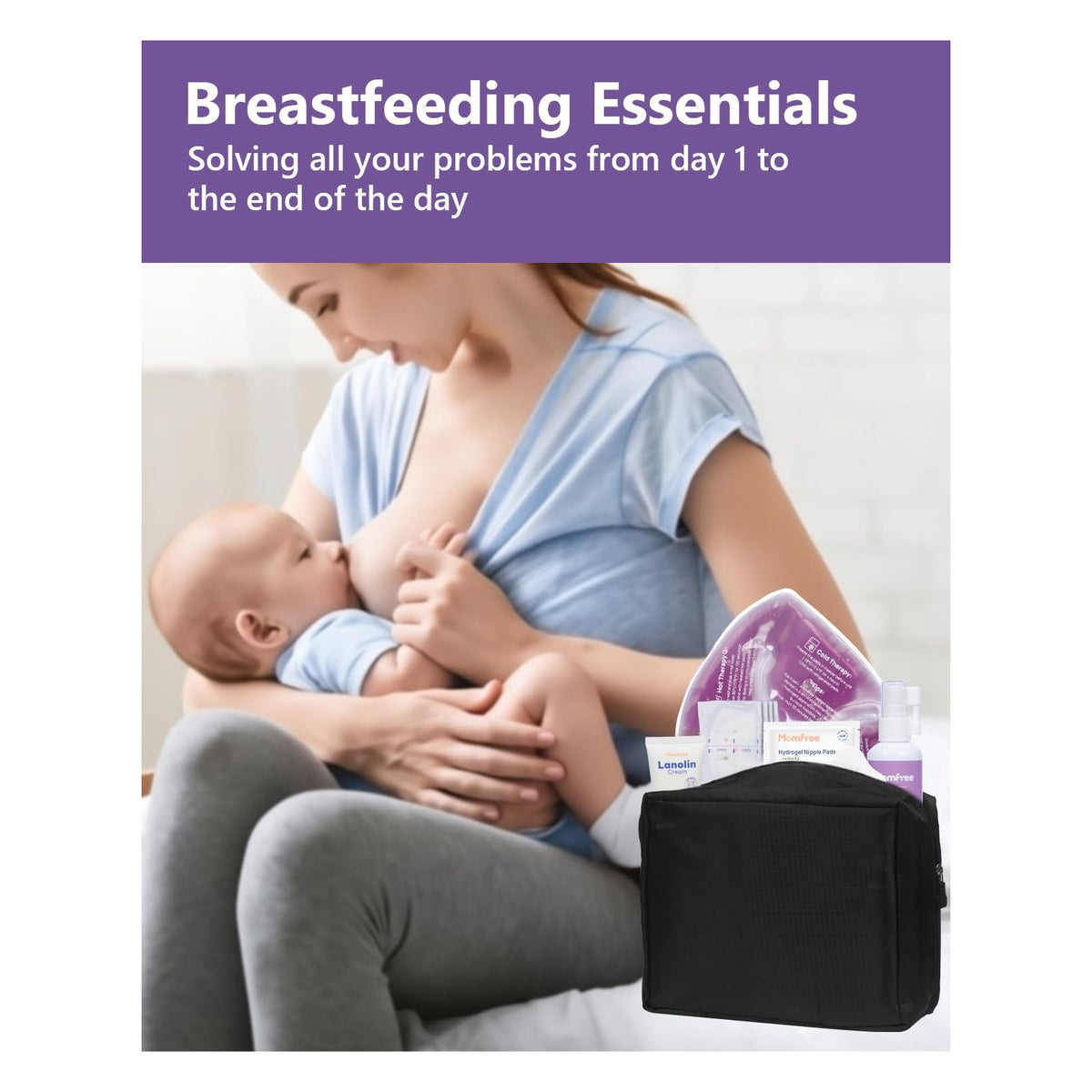 Breastfeeding Essentials Kit for Nursing Moms Nipple Relief, 60 Piece Gift Set with Reusable Hot and Cold Breast Therapy Packs/Hydrogel Nipple Pads/Lanolin cream/Disposable Nursing Pads/Saline Spray