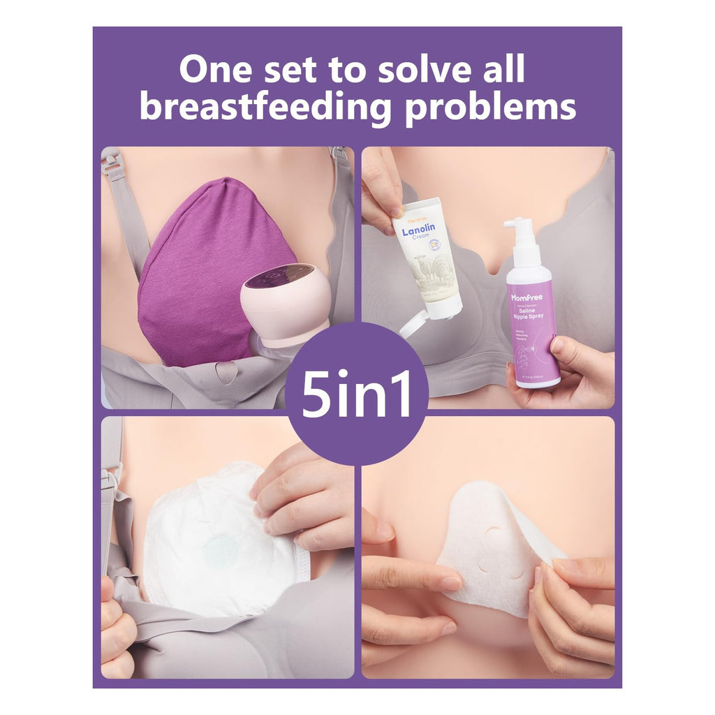 Breastfeeding Essentials Kit for Nursing Moms Nipple Relief, 60 Piece Gift Set with Reusable Hot and Cold Breast Therapy Packs/Hydrogel Nipple Pads/Lanolin cream/Disposable Nursing Pads/Saline Spray
